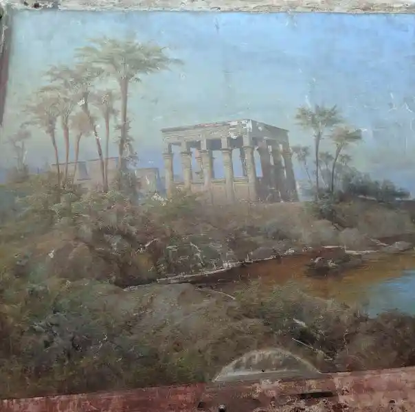 Landscape painting depicting the Kiosk of Trajan at Philae by a riverside